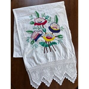 Vintage Embroidered Floral Table Runner White Cotton Crochet Lace Trim 74x15